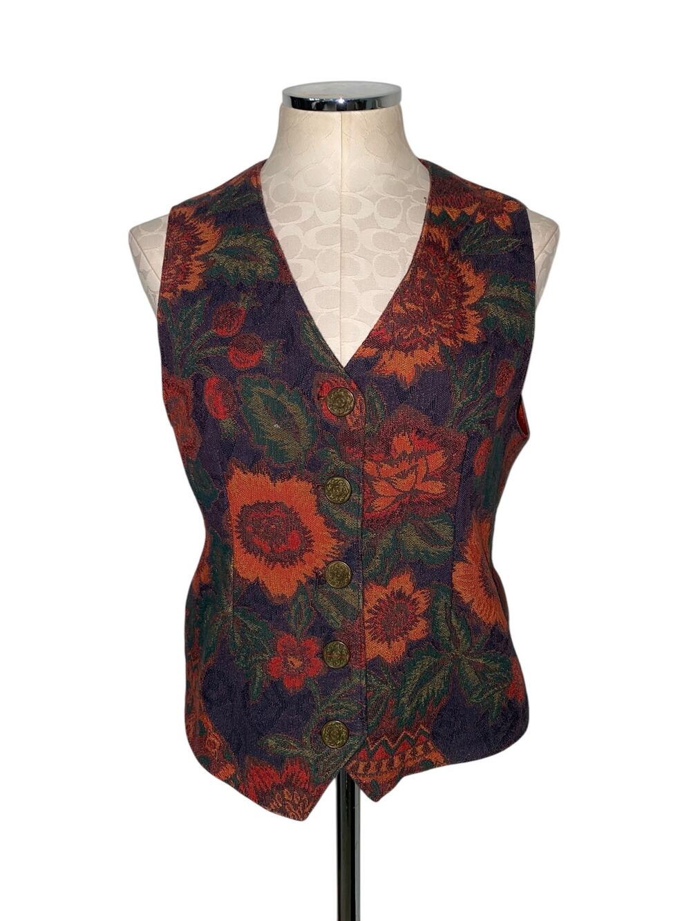Vintage Ruff Hewn Floral Tapestry Sleeveless Rust Red Vest Waistcoat Size Medium